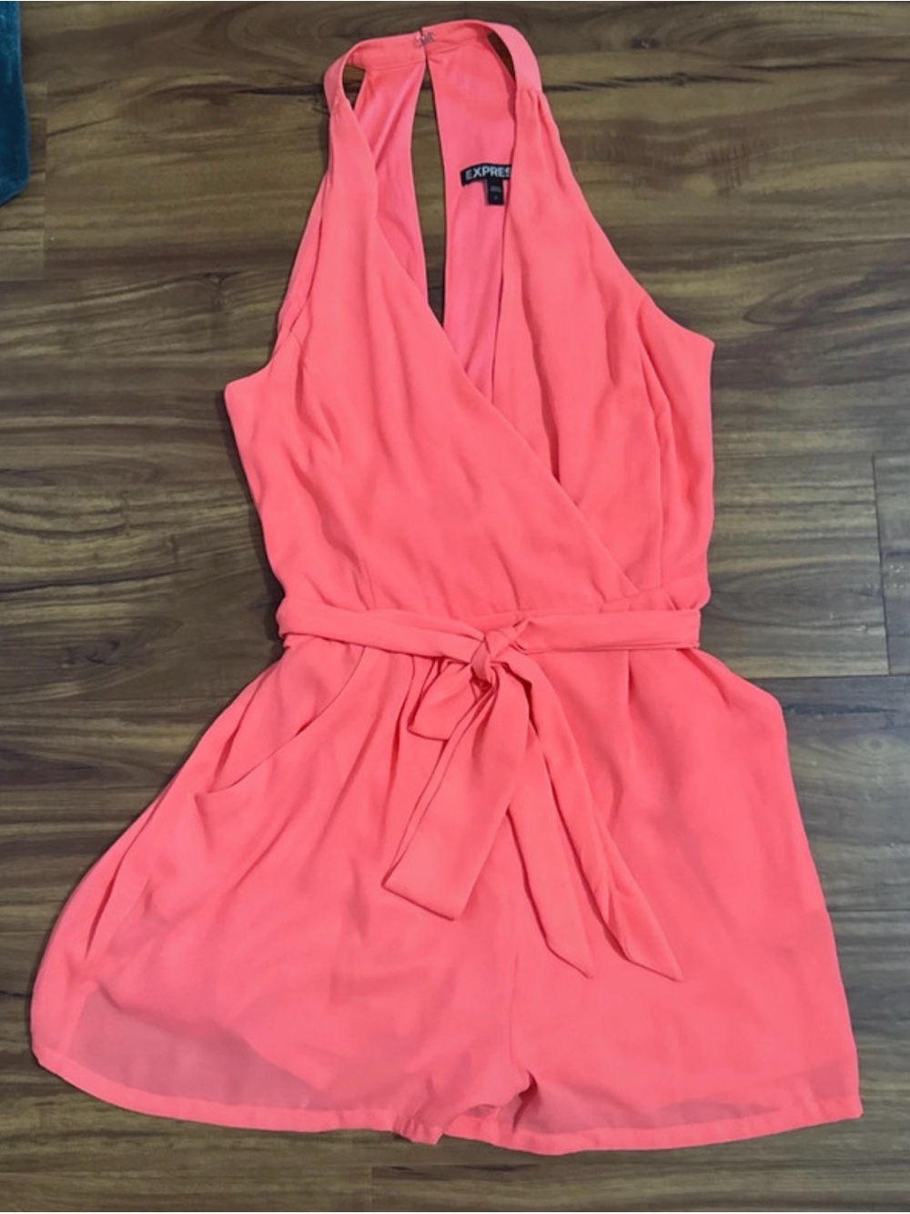 Express Coral Halter Tie-Waist Romper